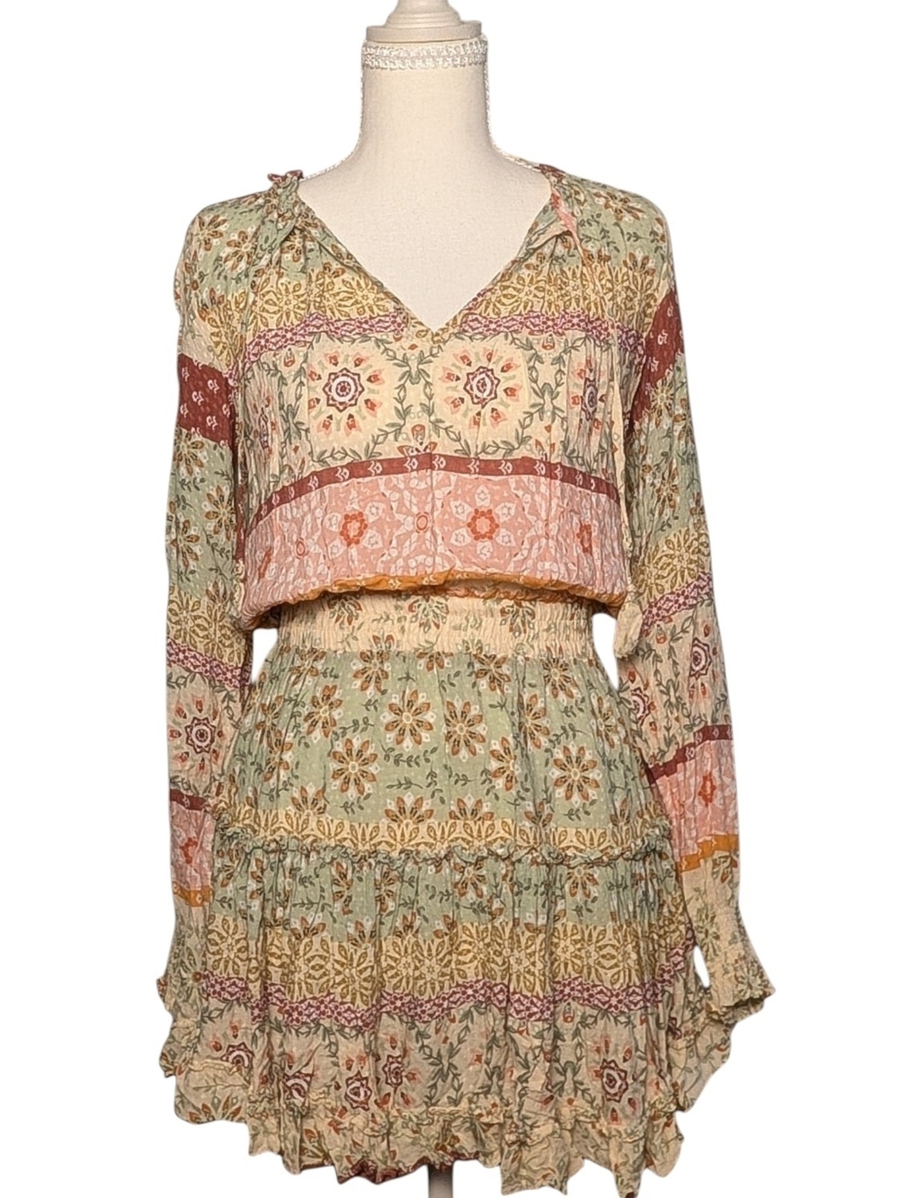 Boho Floral Long Sleeve Tiered Dress in Sage Multi